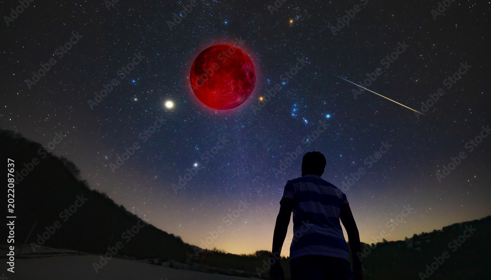 Fototapeta premium Amateur astronomer observing stars, planets, Moon eclipse and other celestial objects.
