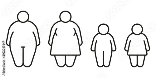 Obese body of man, woman and children line icon. Obesity, overweight of family. Fat figure and big size. Risk diabetes people. Vector illustration