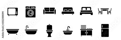 12 Modern Home Furniture & Appliance Icons Set – Household Interior Vector Collection