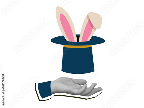 Foto A hand holding a magician's top hat with rabbit ears sticking out of it