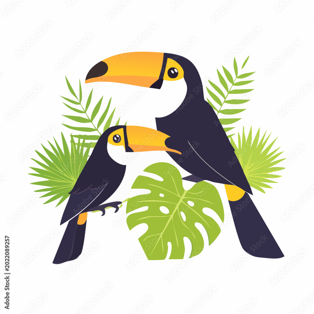 Obraz premium Two Toucans with Tropical Leaves