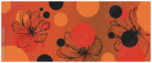 Vibrant orange background with black flowers and polka dots pattern design
