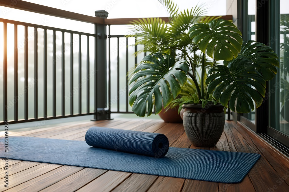 Naklejka premium Blue yoga mat on balcony deck at sunrise