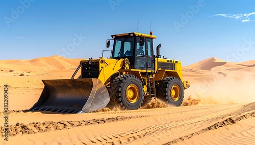 Yellow bulldozer in desert landscape.