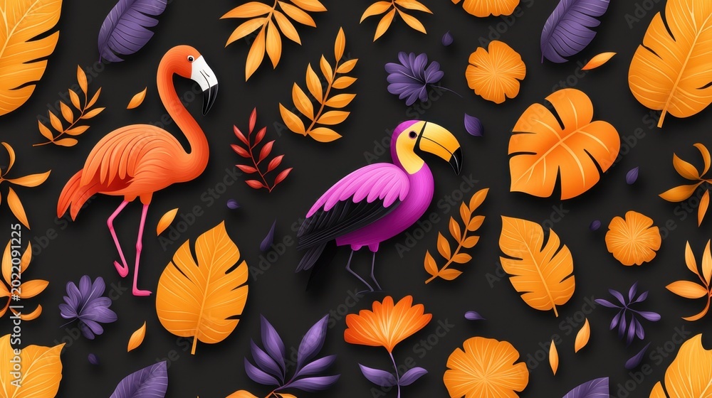 Fototapeta premium Vibrant Tropical Background with Flamingo and Toucan Surrounded by Leaves and Flowers
