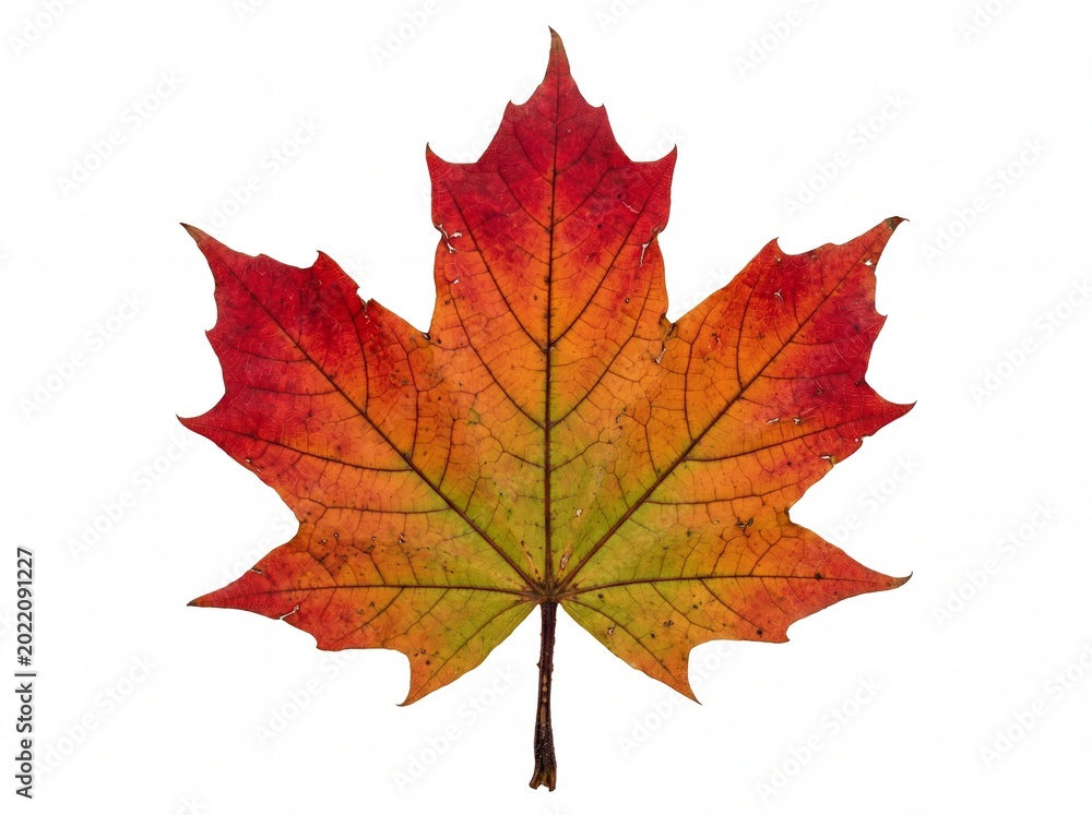 Fototapeta premium Photorealistic single maple leaf showcasing vibrant fall colors with red orange and green hues detailed veins crisp texture isolated on white background perfect for autumn themes