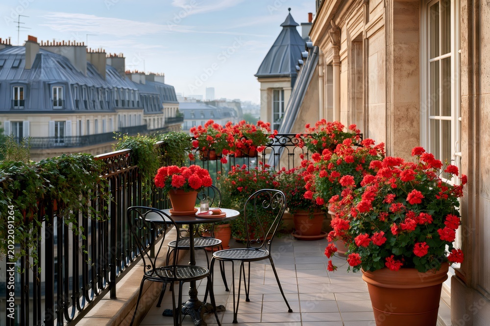 Naklejka premium Paris balcony with red geraniums overlooking city rooftops