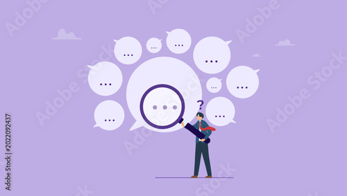 Businessman with huge magnifier finding answer. Problem solving or search creative idea concept.