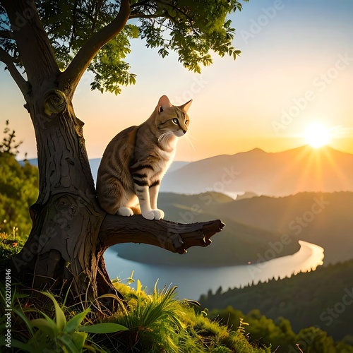 Serene cat on tree branch overlooking landscape.