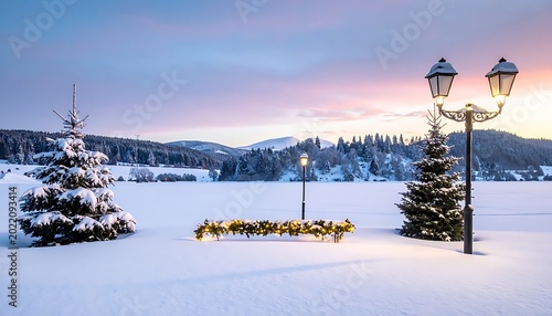 Snowy landscape with pine trees and lamppost.