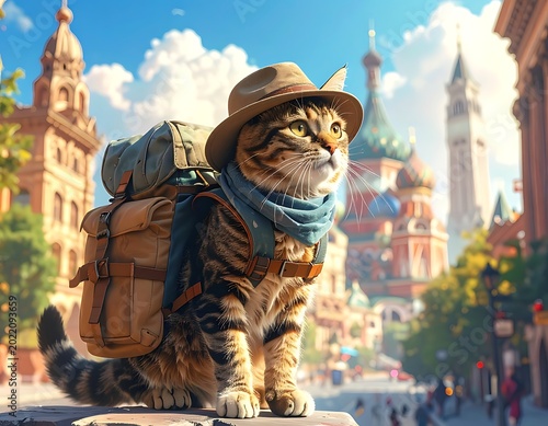Traveling cat with backpack and hat.
