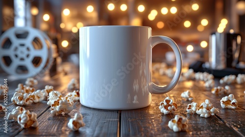 White Coffee Mug on Wooden Table Surrounded by Buttered Popcorn and Soft Lights