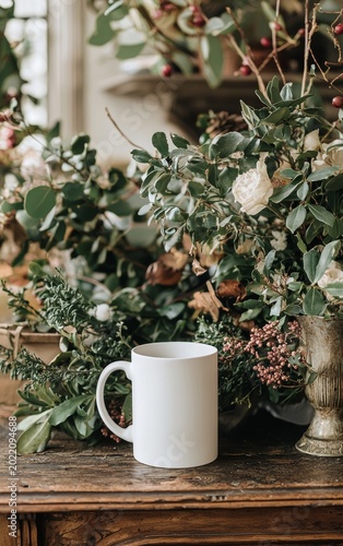 Blank White Mug Surrounded by Fresh Greenery and Beautiful Floral Arrangement