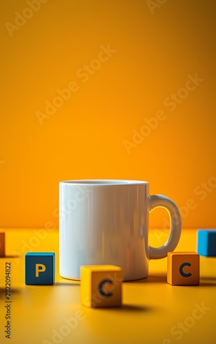 White Coffee Mug on Vibrant Orange Background with Colorful Blocks Nearby
