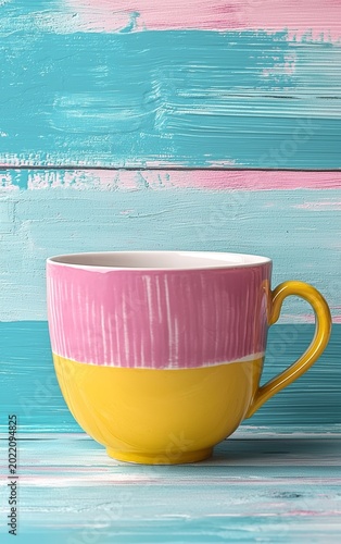 Colorful ceramic cup with pink and yellow design on vibrant wooden background