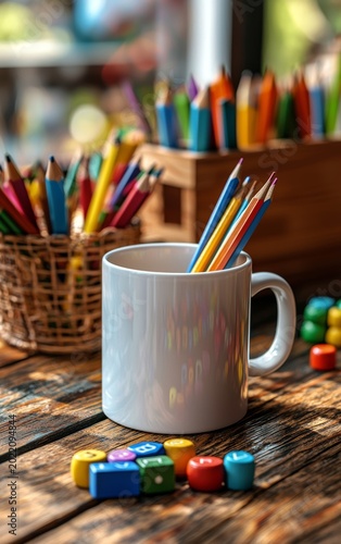 Colorful stationery in a coffee mug surrounded by vibrant art supplies on a wooden table