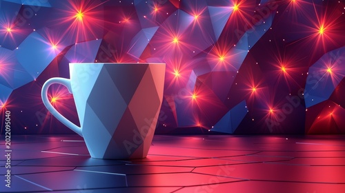 Futuristic White Mug on Colorful Abstract Background with Sparkling Stars