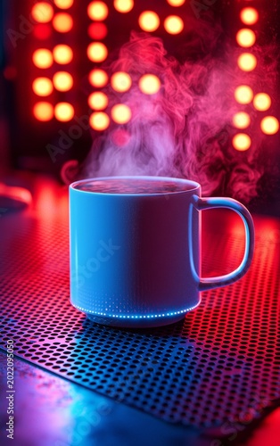 Steaming Coffee Cup on a Neon Background with Colorful Lights and Vapor Rising
