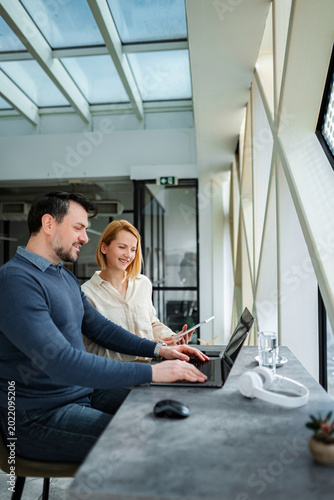 Professionals collaborating on laptop and digital tablet in modern office