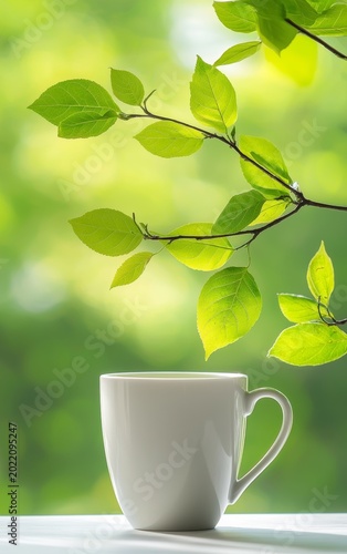Serene White Mug Surrounded by Fresh Green Leaves Under Soft Nature Background
