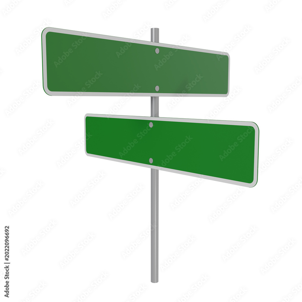 Obraz premium 3D render of a blank, double green street signpost. This versatile template provides ample copy space, making it ideal for directional mockups, business strategy presentations, web design