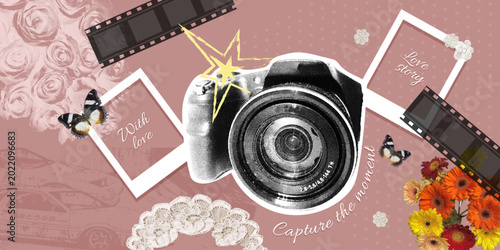 Εκτύπωση καμβά A romantic vintage collage with a camera, flowers, and butterflies