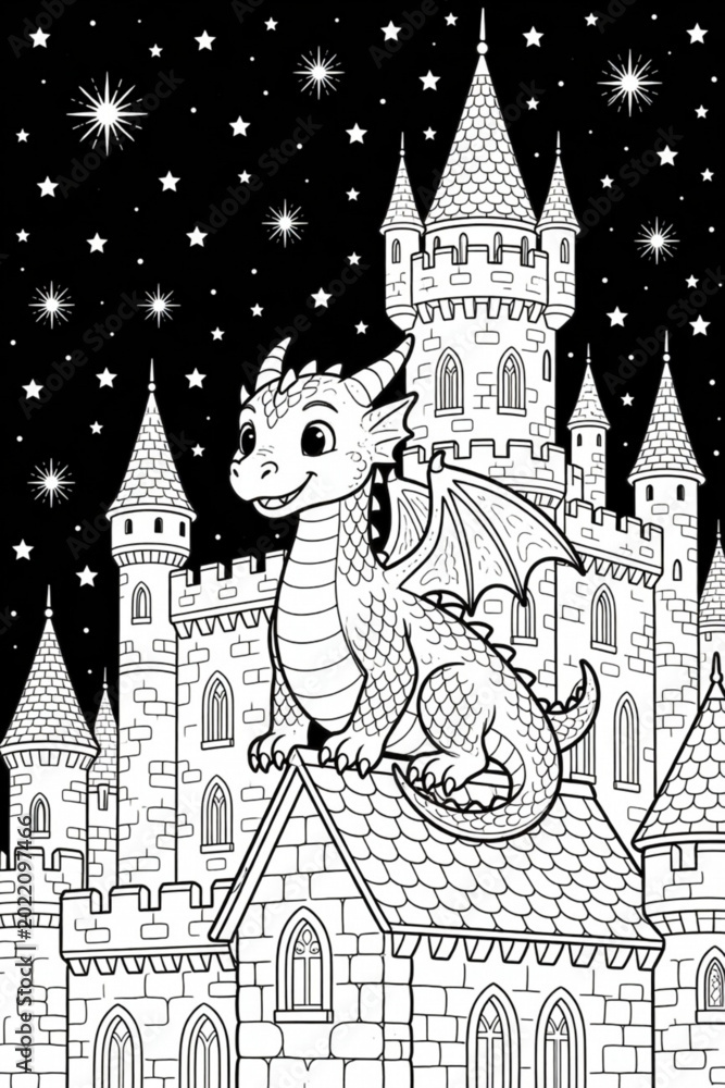 Naklejka premium A dragon sitting on the roof of a medieval building coloring page