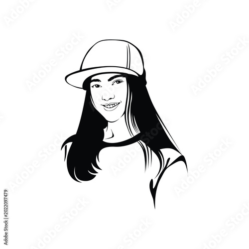 Line illustration of a young Indonesian woman wearing a hat and smiling.
