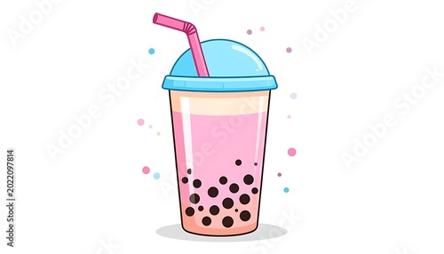 Illustration of pink boba drink in clear plastic cup with blue lid and pink straw, against a white background