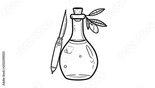 Line art of a bottle, knife, and olive branch with olives, on a white background