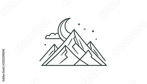 Line art of mountains under a crescent moon with cloud and stars, against a white backdrop
