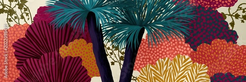 Wide panoramic tropical foliage banner with teal palm crowns and layered marigold and burgundy botanical shapes for decorative wall mural or header design