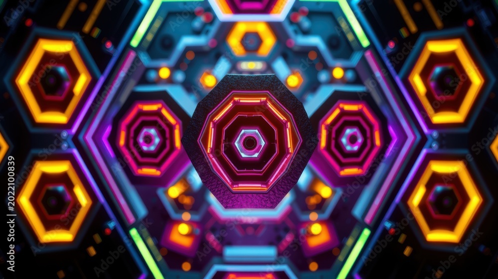Fototapeta premium Hexagonal tunnel, vibrant neon lights. Complex geometric patterns create mesmerizing symmetry. Dark background emphasizes glowing colors.