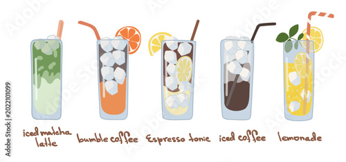 Fotografia Summer Drinks Set. Matcha Coffee Lemonade Espresso
