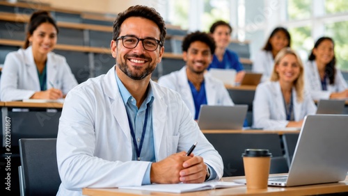 Smiling Medical Students Attending Lecture in Modern University Classroom