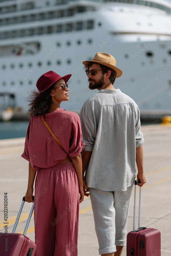 Fototapeta premium Young couple at cruise port with luggage and ship in background for travel banner and vacation poster design
