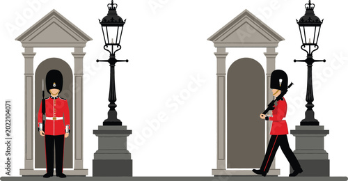 Obraz na płótnie Royal Guard Vector Illustration Featuring British Palace Guards, Security Booths