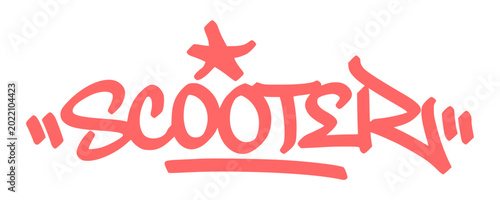 Foto Red scooter graffiti hand style lettering with star accent on white background