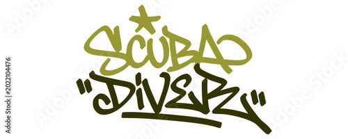 фотографія Light yellow scuba diver graffiti hand style lettering with star accent on dark olive background