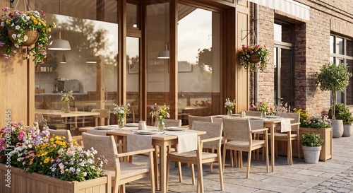 Charming outdoor cafe patio with elegantly set wooden tables, comfortable woven chairs, and vibrant floral decorations, ready for sunny al fresco dining.