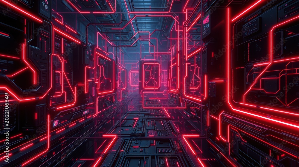 Obraz premium Futuristic corridor glows with vibrant red neon lines. Complex circuitry dominates dark metallic walls, creating immersive space.