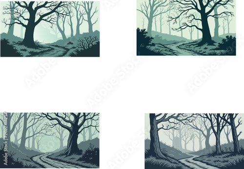 Misty Forest Landscape Illustrations with Silhouetted Bare Trees and Winding Path in Atmospheric Monochromatic Style