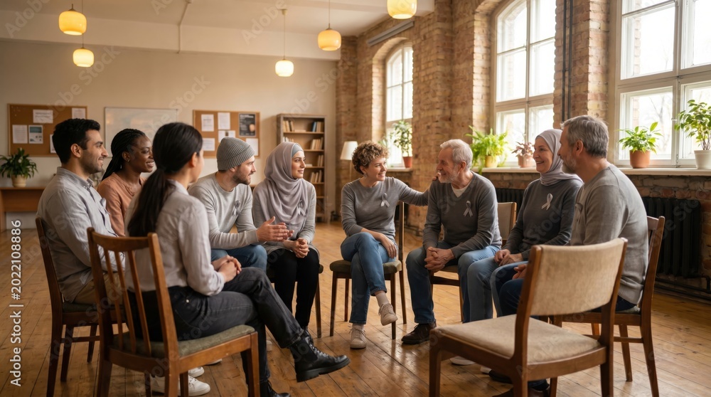 Obraz premium Diverse Group of People Sitting in a Circle for a Support Group Meeting.