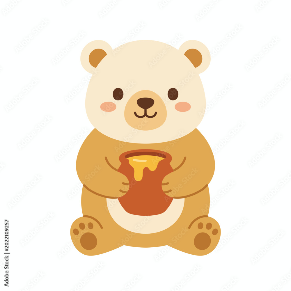 Obraz premium Adorable Sitting Teddy Bear Hugging Honey Jar Cartoon