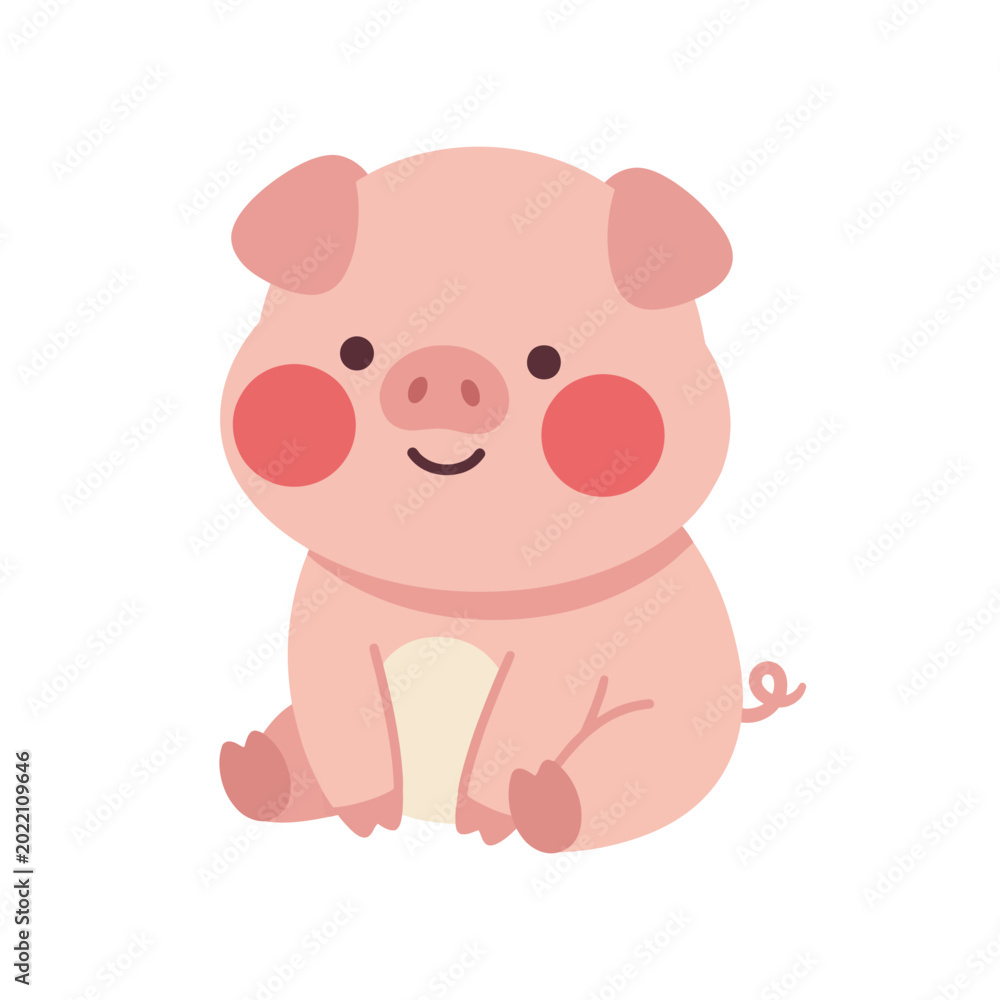 Fototapeta premium Cute kawaii pink pig character sitting vector illustration