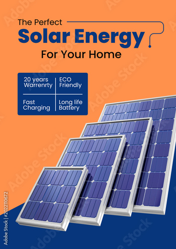Solar Energy For Your Home Poster — 20 Year Warranty, Eco Friendly, Fast Charging, Long Life Battery | Orange Navy Blue Solar Panel Flyer Template