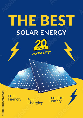 Solar Energy Poster with Solar Panels, 20 Year Warranty Badge, Eco Friendly Fast Charging Long Life Battery — Blue Yellow Promotional Flyer Template