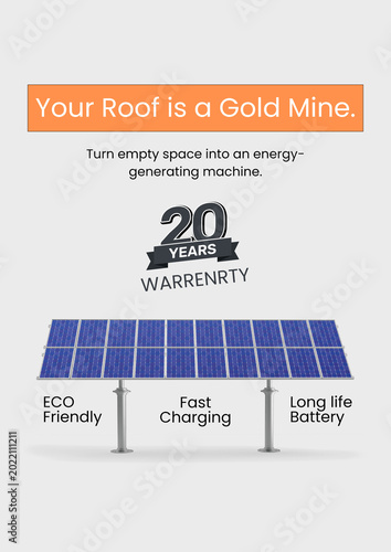 Your Roof is a Gold Mine Solar Energy Poster — 20 Year Warranty, Eco Friendly, Fast Charging | Orange White Solar Panel Flyer Template