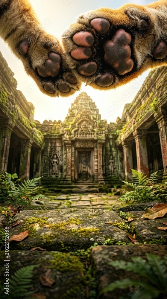 Fototapeta premium Tiger paws above ancient temple ruins in jungle