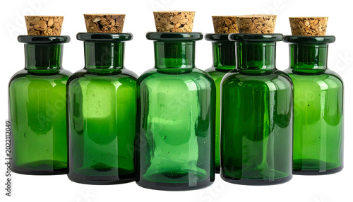 Group of Six Green Glass Apothecary Bottles with Cork Stoppers Isolated